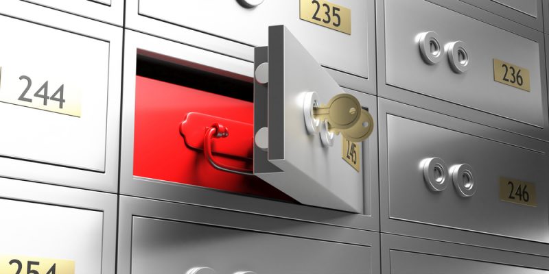Safe bank deposit box open, unlock and red drawer, close up under view. 3d illustration
